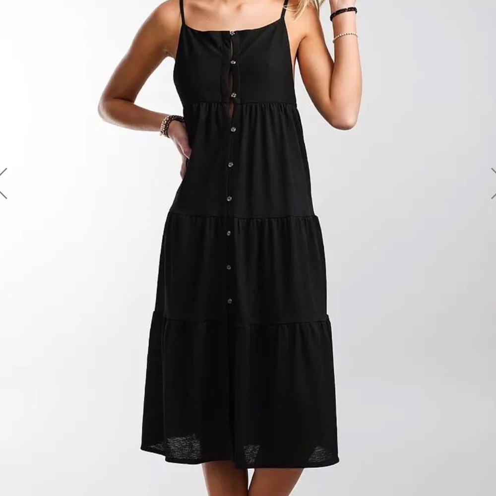 Hurley Tiered Button Down Midi Dress Black Medium